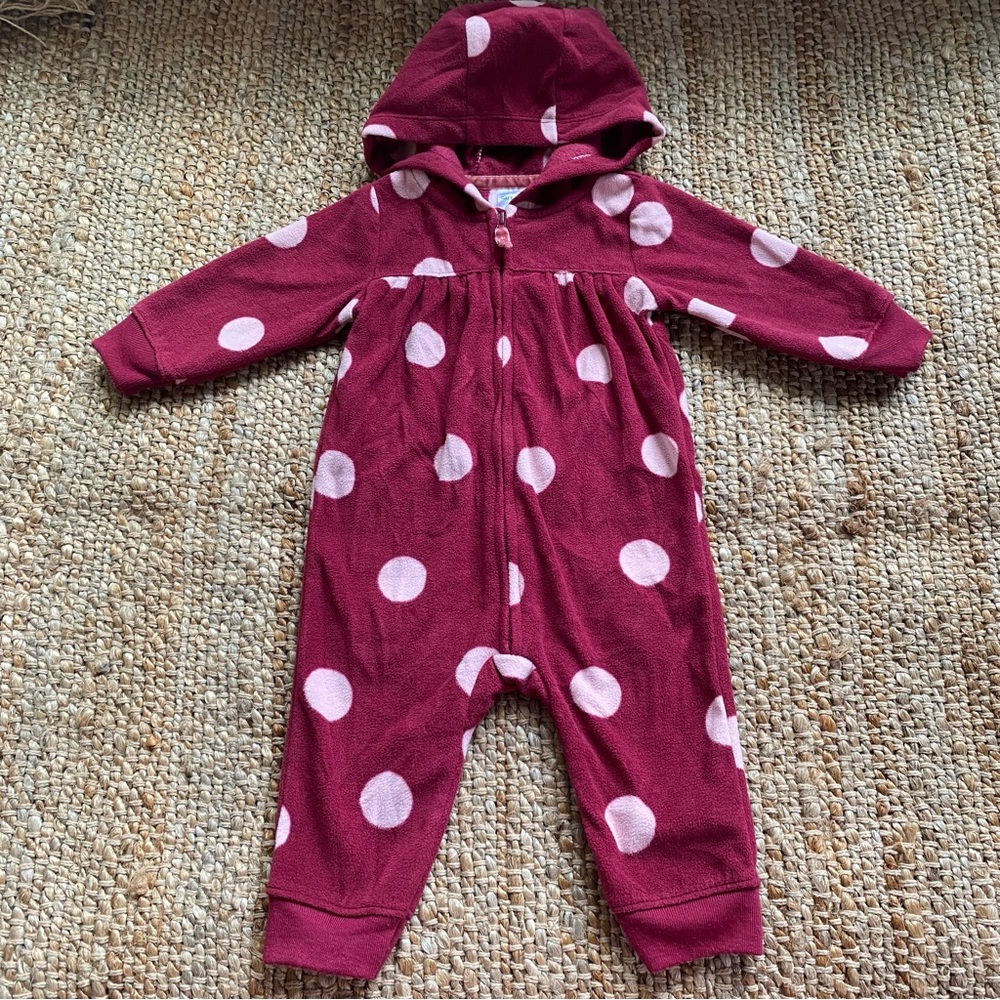 Carter’s Fleece Jumpsuit - Burgundy and Pink Polka Dot - 6 months